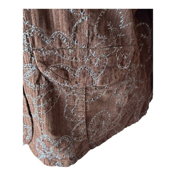 Flax Blazer Women Small Brown Blue Floral Embroidery Corduroy Chore Coat - Picture 7 of 11